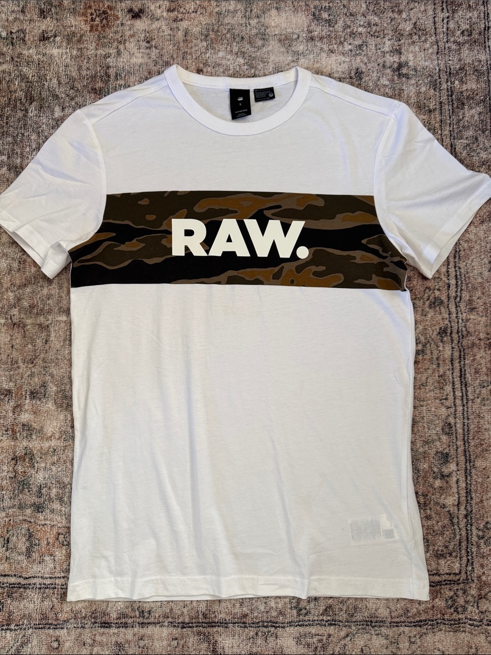 G-Star White Tee with Olive-Brown Camouflage Chest Stripe